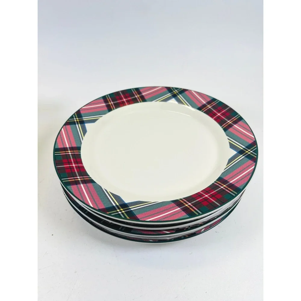 Pottery Barn Stewart Plaid Dinner Plates Set of 4 Red Green Christmas Holiday